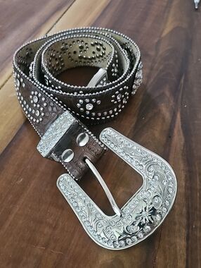 Brown Studded Western Belt with Ornate Silver Buckle